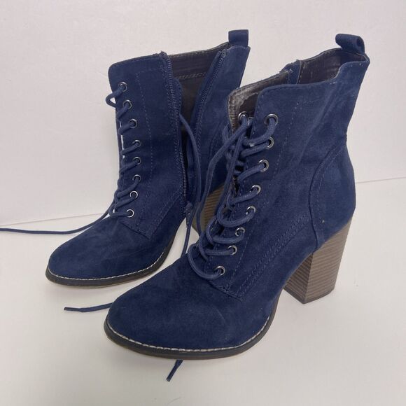 Candies Blue Suede Ankle Boot Women's 9M Side Zipper, Lace-up, 3.5" Heel - Picture 1 of 7